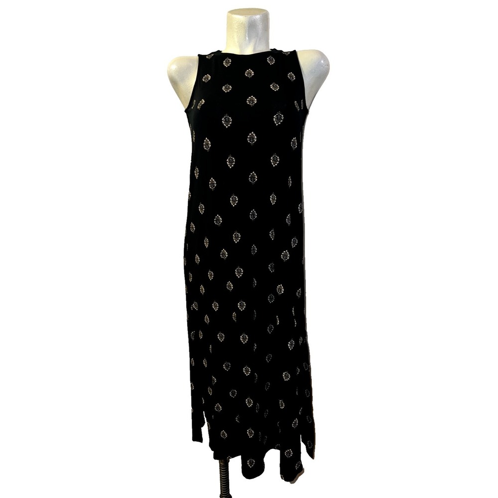 J. Jill Wearever Black Medallion Print Sleeveless Midi Dress XS Side Slits